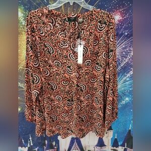 Tahari Coral, Black, Green Paisley-Style Blouse